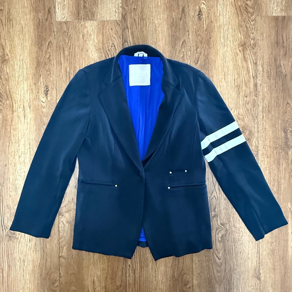 Sosken Studios Marisa Minicucci Navy Blue Stripe Sleeve Blazer Jacket Size 3 (L)
